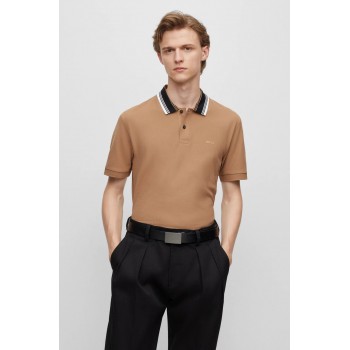 Hugo Boss Cotton-piqué slim-fit polo shirt with striped collar 50495709-260 Beige